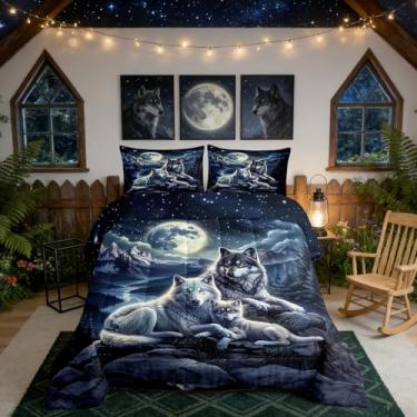 Imagem de Homewish Conjunto de edredom King com estampa de lobos, galáxia estrelada e lua e céu noturno, para crianças, adolescentes e adultos, animais da selva, montanhas naturais, árvores, edredom acolchoado