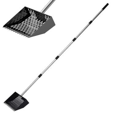 Imagem de Pá de cocô de galinha e ancinho 2 em 1, ajustável de 40 a 170 cm, cabo de aço inoxidável com placa de peneiramento de 25 cm, pá de peneiramento para limpeza estável de galinheiro de cabra