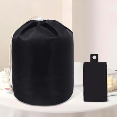 Imagem de Bolsa de cosméticos para mulheres, bolsa organizadora de maquiagem com cordão, bolsa de higiene pessoal, bolsa de maquiagem de barril de grande capacidade, Preto, Bolsa de maquiagem