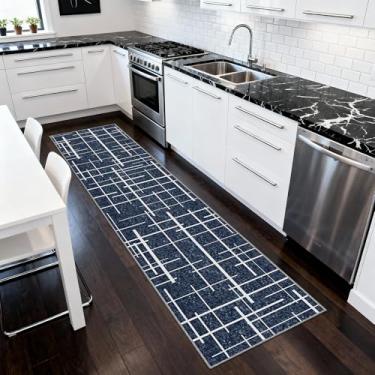 Imagem de TTelephant Tapete antiderrapante para corredor 5 x 25 cm, listra azul moderna envelhecida, tapete longo lavável, tapete de tecido fino de pêlo baixo para corredor, entrada de 3 metros, cozinha