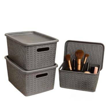 Imagem de Kit 3 Caixas Organizadoras Rattan Plástico 5L com Tampa e Alças Empilhável Multiuso Casa(CINZA)