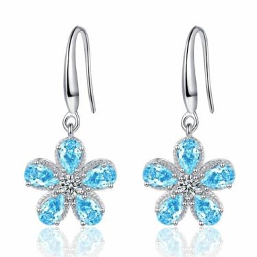 Imagem de Brincos pendentes de flor de cristal para mulheres, banhado a prata, elegante, brilhante, zircônia cúbica, pedra do mês de nascimento azul, floral, gancho pendurado, casamento, noiva, formatura
