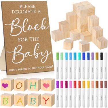 Imagem de Tatuo Kit de placas de jogos de chá de bebê com 75 peças, incluindo placa de decoração de blocos, 50 blocos de madeira faça-você-mesmo, 24 marcadores de tinta acrílica, prêmio de chá de bebê para