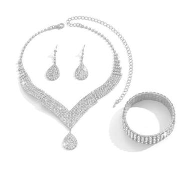 Imagem de OIDIMS Conjunto de joias de strass para mulheres elegante imitação de zircão cristal pingente gota de água colar brincos pulseira corrente de tênis nupcial moda noivado casamento baile festa concurso