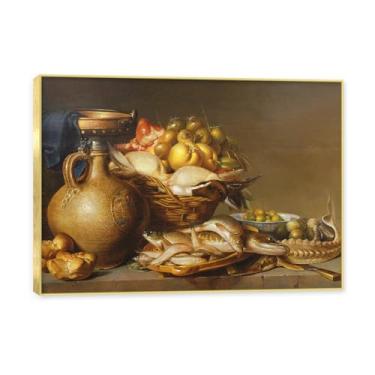 Imagem de NHLDZYH Moldura dourada. Arte de parede vintage - natureza morta com frutas - quadro de tela de estilo clássico - pintura de natureza morta com moldura decorativa. B36. 50x70cm