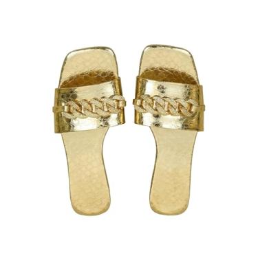 Imagem de GORGLITTER Sandálias rasteiras femininas de corrente dourada metálicas elegantes quadradas abertas sem cadarço, Dourado, 36