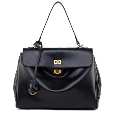 Imagem de NGGU Bolsa feminina de camurça e couro, bolsas de ombro de couro macio para mulheres, bolsa para viagem e trabalho, 01 Preto, Medium