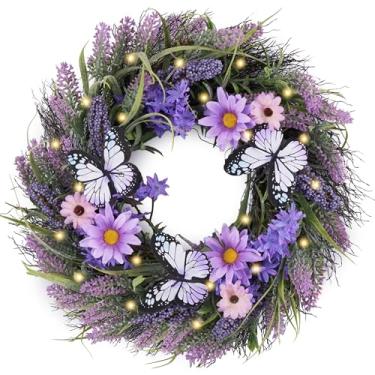 Imagem de Valery Madelyn Guirlandas de lavanda de verão para porta da frente com luzes, guirlanda floral artificial de primavera com flor de sino roxa, borboleta para outono, varanda, janela, festa, casamento