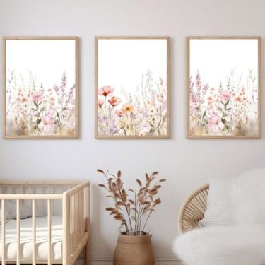 Imagem de Conjunto de 3 pôsteres botânicos de flores silvestres de arte botânica, pintura floral, arte em tela para meninas, berçário, casa, sala de estar, decoração pronta para pendurar