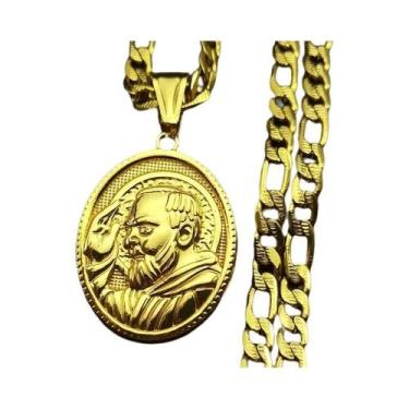 Imagem de Colar Masculino Em Aço Inoxidável Cor Dourada Medalha Crucifixo Coroa 