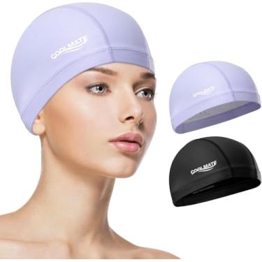 Imagem de COOLMATE Pacote com 2 toucas de natação de tecido para mulheres adultas e homens, camada de silicone resistente à água, touca de natação de tecido presentes para nadadoras, leve e confortável (2 peças