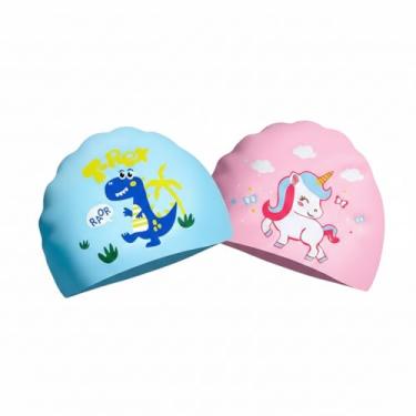 Imagem de Touca de Natação Infantil de Silicone - Dinossauro (Azul) / Unicórnio (Rosa) - Proteção e Diversão para Crianças (Rosa)