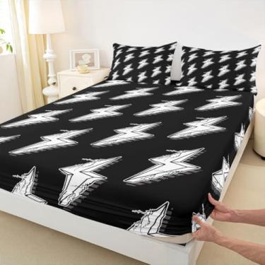 Imagem de Manfei Jogo de cama casal Lightning com desenho à mão, preto e branco, 3 peças, desenho à mão, com 2 fronhas, para decoração de quarto de crianças, meninos e meninas, roupa de cama macia (sem plano)