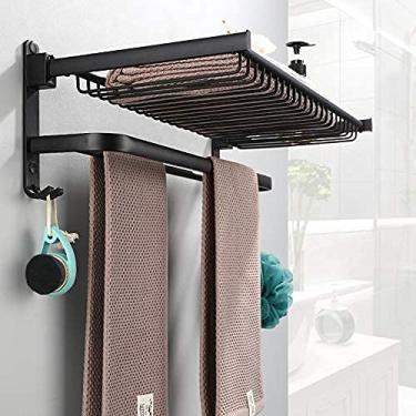 Imagem de U5GAAALPPQ9 Toalheiro com prateleira dobrável para banheiro - prateleira de toalha com 2 barras de toalha e ganchos de toalha suporte de toalha montado na parede para organizar toalhas e suprimentos
