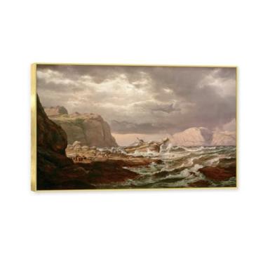 Imagem de NHLDZYH Moldura dourada. Trabalho mestre do romance norueguês, réplica de quadro de J. C. Dahl, paisagem atmosférica, arte de parede com moldura para biblioteca ou sala. (Barcos encalhados). 30 x 48