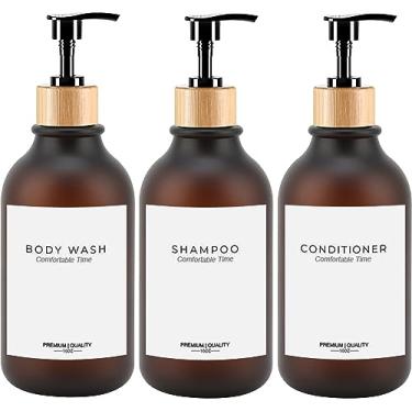 Imagem de Frascos de xampu e condicionador resistentes foscos, bomba de bambu com dispensador de boticário, frascos de xampu recarregáveis para xampu, loção de óleo, sabonete de banho, sabonete para as mãos e sabonete (âmbar fosco)