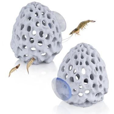 Imagem de BangBoom 2 peças de couros de camarão para aquário com ventosa, esconderijo de cúpula de camarão com design de coral, acessórios de enfeite de abrigo de caverna de habitat de peixe betta de plástico