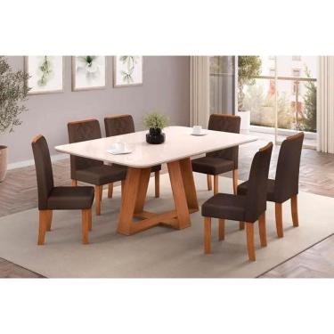 Imagem de Conjunto: Mesa de Cozinha Kiara c/ Tampo Madeirado c/ Vidro Curvo 160x90cm e 6 Cadeiras Ayla Freijo/Off White - Suede Moca - DJ Móveis