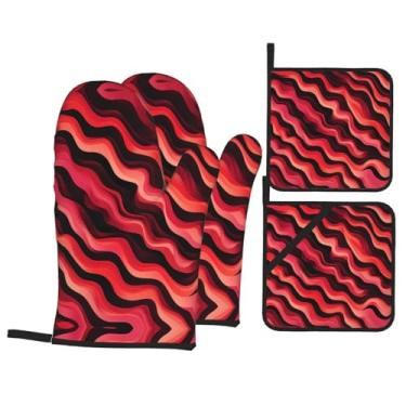 Imagem de Conjunto de luvas de forno estampadas com sobreposição vermelha, conjunto de 4 peças adequado para grelhar, cozinhar e assar