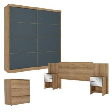 Imagem de Guarda Roupa Casal Malaga 2 Portas Capuccino Azul Com Cômoda Gaveteiro