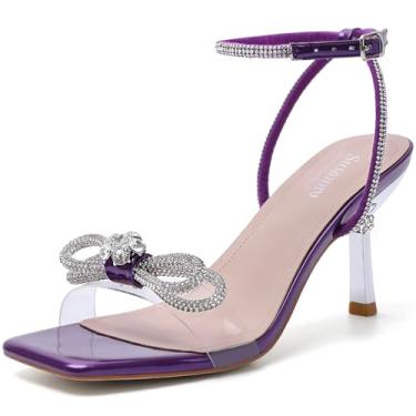 Imagem de Susanny Sapato feminino fechado Rhinstone casamento salto baixo slingback transparente gatinho, tira ajustável, bico fino, salto alto, vestido de formatura, Roxo + bl, 36