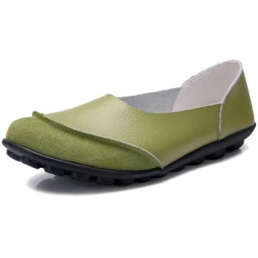 Imagem de Fangsto Mocassins femininos de couro bovino sem cadarço, Verde musgo, 35