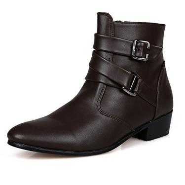 Imagem de MGGMOKAY Chelsea Bota masculina de couro, casual, com fivela e zíper lateral, Marrom, 39