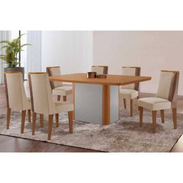 Imagem de Conjunto: Mesa Sala Jantar Pietá Tampo Curvo 180cm+6 Cadeiras Tilia Madeira Naturale/Off White - Capuccino/Suede Creme - Rufato