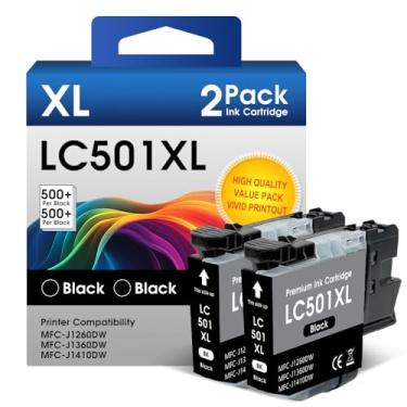 Imagem de INKMATE Cartuchos de tinta LC501XL de substituição para impressora Brother LC501 XL LC501 preta para impressora Brothers MFC-J1260DW, MFC-J1360DW, MFC-J1410DW (preto, pacote com 2)