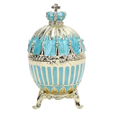 Imagem de Pilipane Caixa de bugigangas estilo ovo de Páscoa esmaltado organizador de joias decorativas de metal liga de zinco (azul)