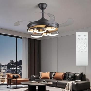 Imagem de ReliSiuar Ventilador retrátil de 106,7 cm, ventilador de teto preto, com controle remoto, lustre de LED, luz de teto com ventilador 6 luzes para quarto, sala de jantar, 3 cores (preto, 106,7 cm)