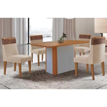 Imagem de Sala Jantar Mesa Pietá Tampo Curvo 120cm+4 Cadeiras Jaspe Madeira Natu