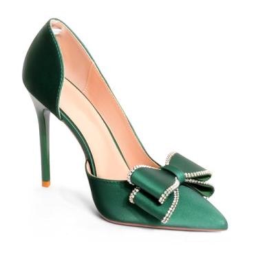 Imagem de ANN CREEK Sapatos femininos salto alto bico fino fechado salto agulha para mulheres salto laço sapatos cetim D'Orsay casamento formatura noite elegante, Verde, 39