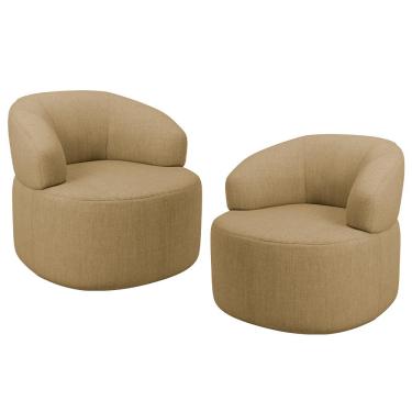Imagem de Kit 02 Poltronas Giratória Orgânica Para Sala de Estar Living Helena L02 Linho Bege Escuro - Lyam Decor