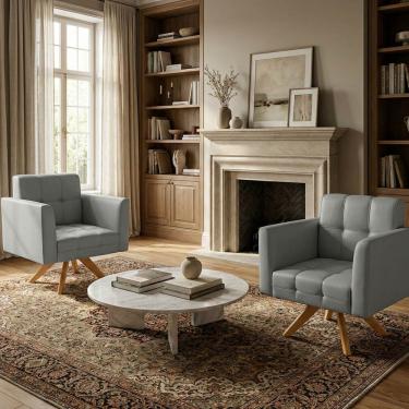 Imagem de Poltrona Sala Decorativa Kit 2 Elisa Giratória Castanho MA30 Sintético Cinza D03 - D'Rossi