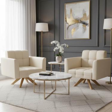 Imagem de Poltrona Sala Decorativa Kit 2 Elisa Giratória Castanho MA30 Sintético PU Bege D03 - D'Rossi