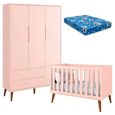 Imagem de Berço Americano E Guarda Roupa Theo 3 Portas Rosa Pés Amadeirados Com Colchão - Reller