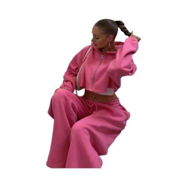 Imagem de Conjunto De Moletom Feminino Com Capuz E Zíper, Cropped E Calça, 2 Peç