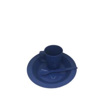 Imagem de Kit Merenda Escolar Azul Prato Colher Caneca Plástica 300 ML - 100 Pçs