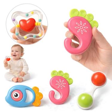 Imagem de Kit Chocalho Mordedor Educativo para Bebê, 4 Peças, Colorido, Material Atóxico sem BPA, Brinquedo Sensorial para Desenvolvimento Motor e Cognitivo, 0-12 Meses