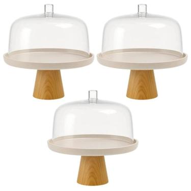 Imagem de Kit 3 Boleiras Porta Bolos com Cúpula e Pé 25x22cm Bege Lume Ou Doces Tortas Padaria