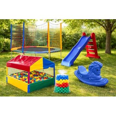 Imagem de Cama Elástica Pula Pula Trampolin 2,44m Piscina de Bolinha 1,00m Pequena 500 Bolinhas Escorregador Grande Gangorra de 1 Lugar