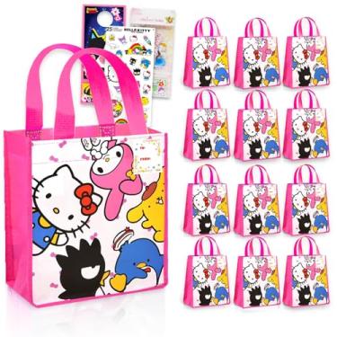Imagem de Conjunto de sacolas de lembrancinhas de festa Hello Kitty and Friends – Pacote com 12 sacolas reutilizáveis Sanrio, adesivos e mais | Artigos para festa de aniversário Hello Kitty & Friends