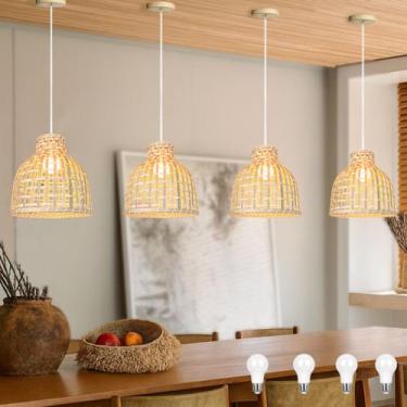 Imagem de 4 Pendente Bambu De Fibra Natural Palha Mesa Nat52 + Led - Acende a Lu