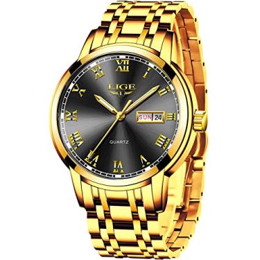 Imagem de Relógio masculino de quartzo analógico de aço inoxidável à prova d'água da LIGE Watches para homens e mulheres, 9 gold black