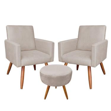 Imagem de Kit 02 Poltronas com 01 Puff Larissa Pés Palito de Madeira