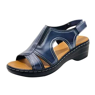 Imagem de Sandálias femininas sapatos romanos casuais sandálias anabela boca de peixe tamanho 12 sandálias femininas largura larga (azul escuro, 8)