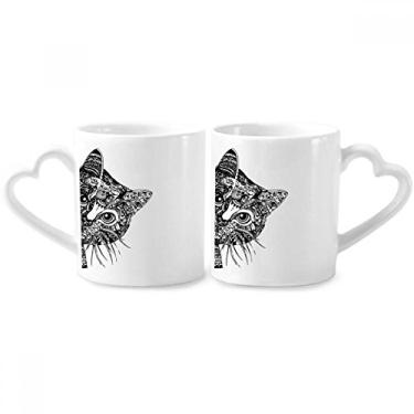 Imagem de Conjunto de canecas de porcelana para casais de animais com desenho de linha cabeça de gato preta com alça de coração