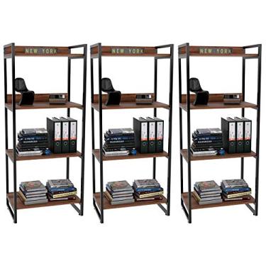 Imagem de Kit 03 Estantes com 4 Prateleiras Escritório Estilo Industrial Form C01 146x60 cm Nogal - Lyam Decor