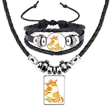 Imagem de Miaoji Pintura Aquarela Gato Couro Laranja Colar Pulseira Conjunto de Joias